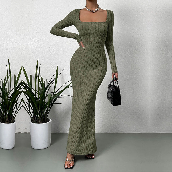 Damen geripptes Sculpting-Maxikleid mit Quadratausschnitt und taillierter Meerjungfrauen‑Silhouette – Valéora