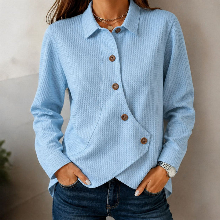Damen strukturierte Waffel-Hemdjacke mit asymmetrischer Knopfleiste und Eingrifftasche – Célinea
