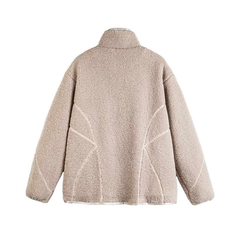 Unisex Teddy-Fleece-Blousonjacke mit Stehkragen und geometrischer Nahtführung Echoarchiv
