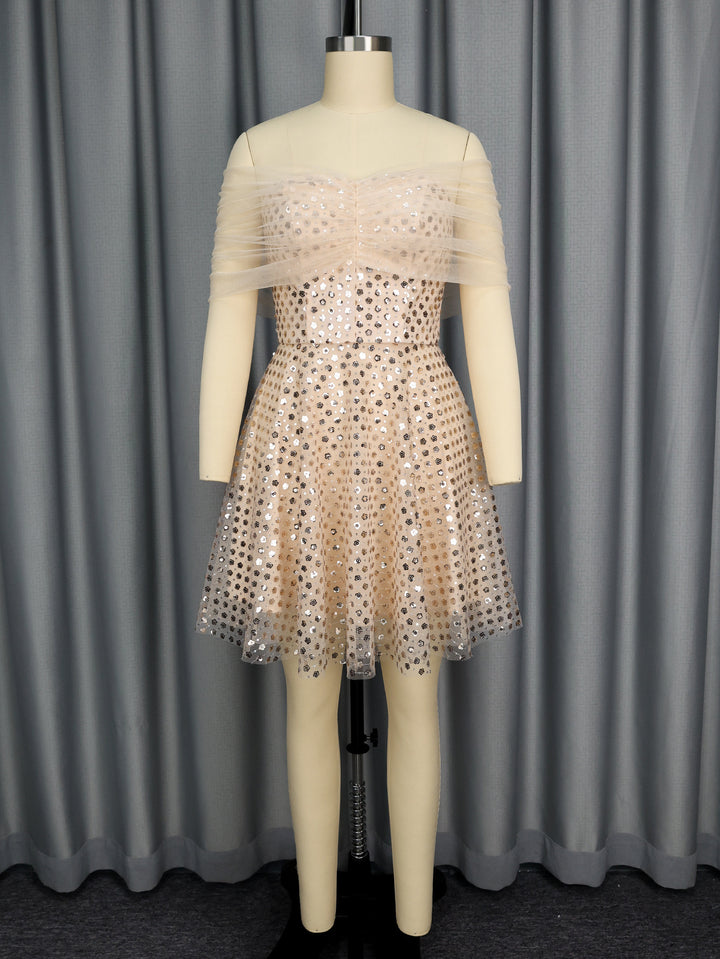 Damen Glamouröses Cocktailkleid mit transparentem Tüllüberzug und funkelnden Pailletten Echo Archiv
