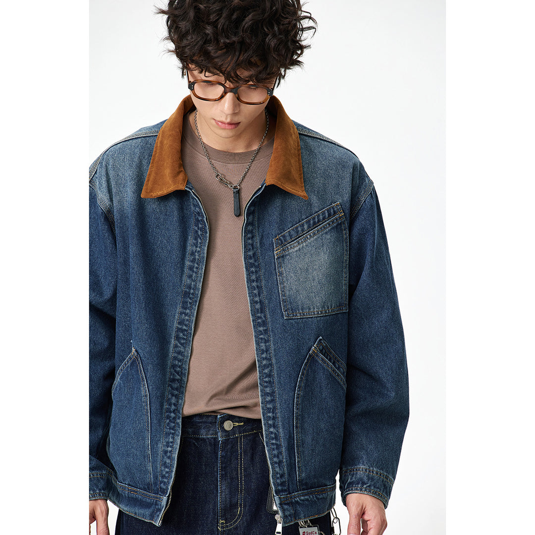 Herren Relaxed-Denimjacke mit Kontrast-Cordkragen und schräger Brusttasche Echoarchiv