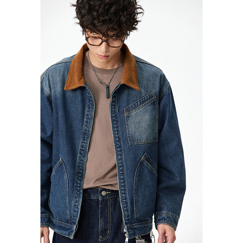 Herren Relaxed-Denimjacke mit Kontrast-Cordkragen und schräger Brusttasche Echoarchiv