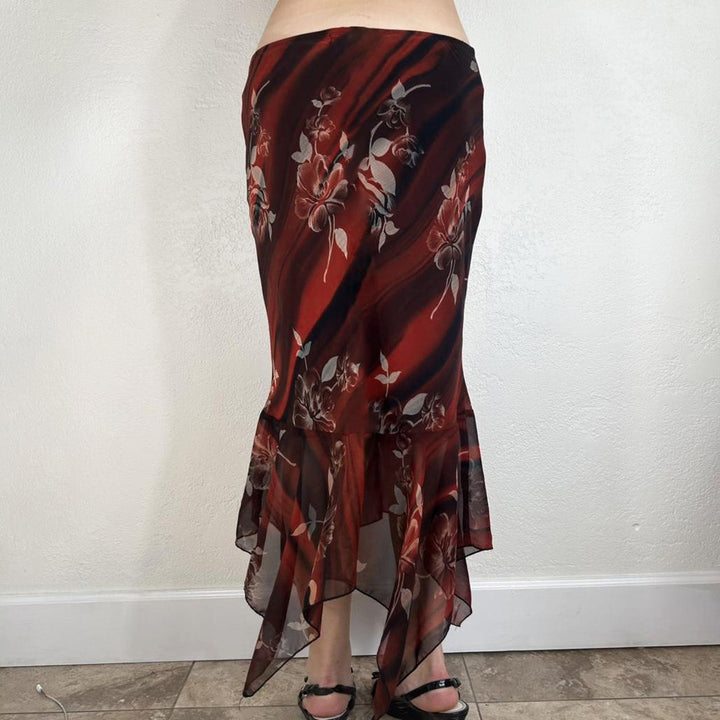 Damen Asymmetrischer Mesh-Midirock mit Volantstufen und floralem Muster Echo Archiv