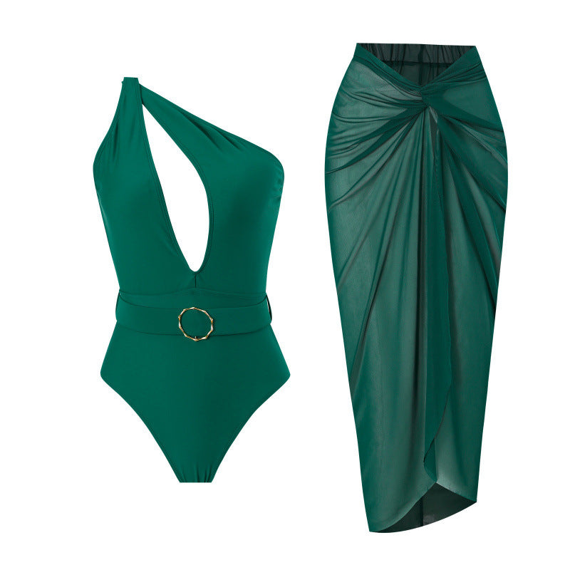 Damen Einteiliger Badeanzug mit asymmetrischem Schnitt und Wickelrock Echo Archiv