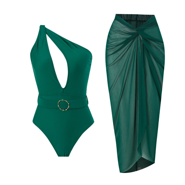 Damen Einteiliger Badeanzug mit asymmetrischem Schnitt und Wickelrock Echo Archiv
