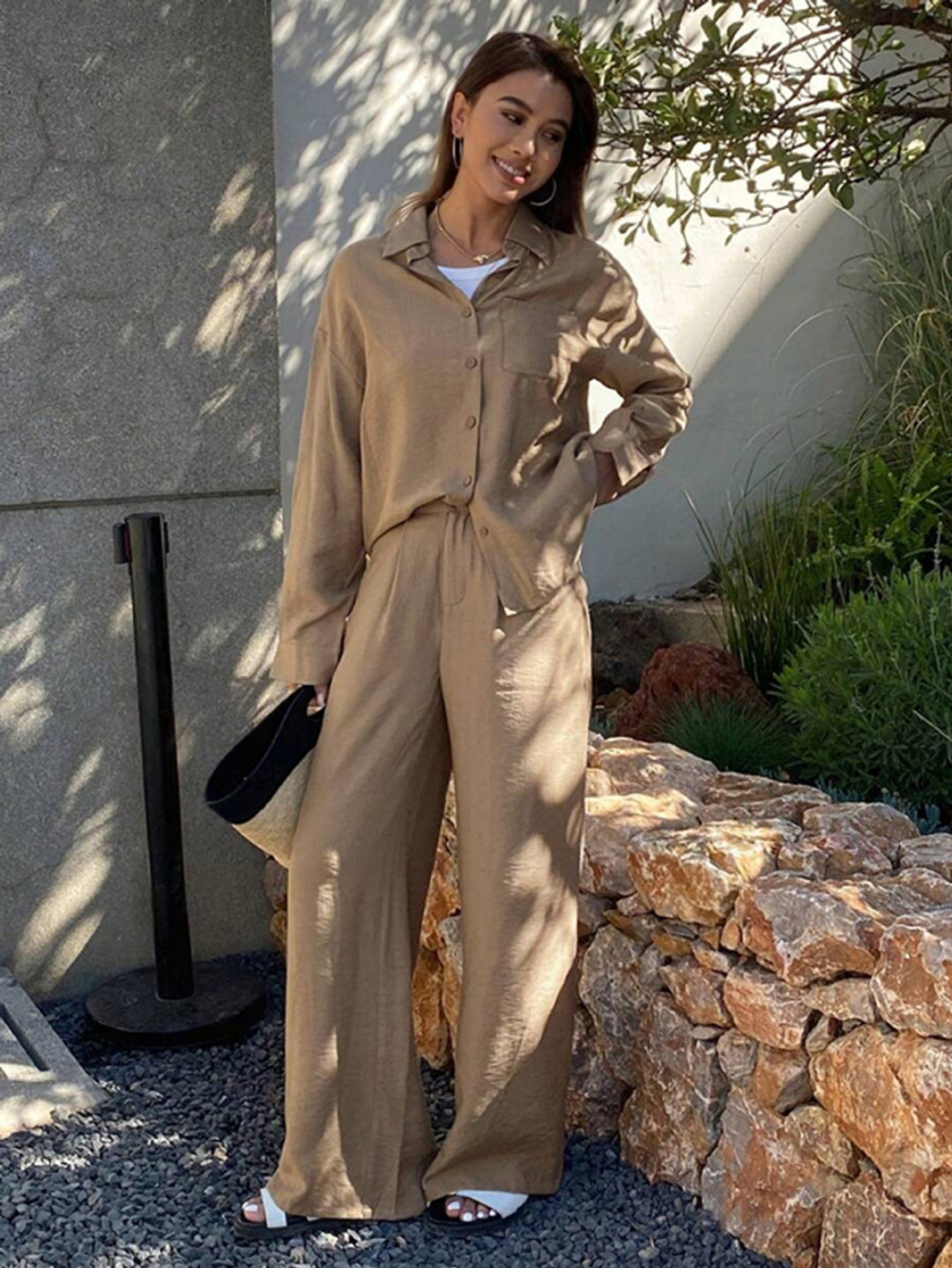 Damen nan entspanntes Leinen Lounge Set mit Oversize Hemd und Kordelbund Palazzohose Echo Archiv