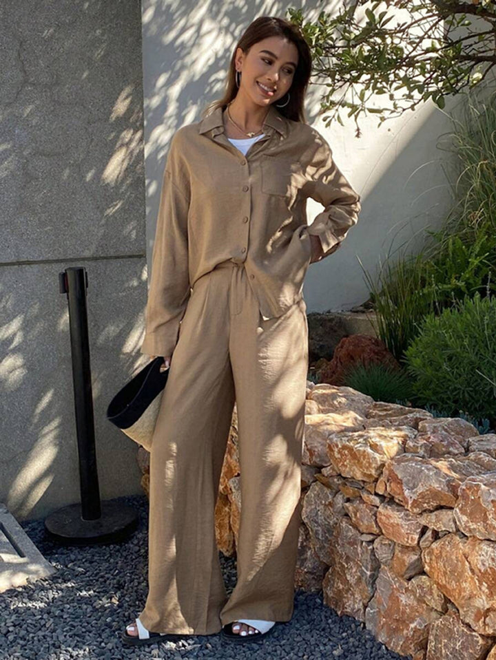 Damen nan entspanntes Leinen Lounge Set mit Oversize Hemd und Kordelbund Palazzohose Echo Archiv