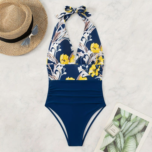 Damen Einteiliger Badeanzug mit floralem Design und Langen Bindebändern Echo Archiv
