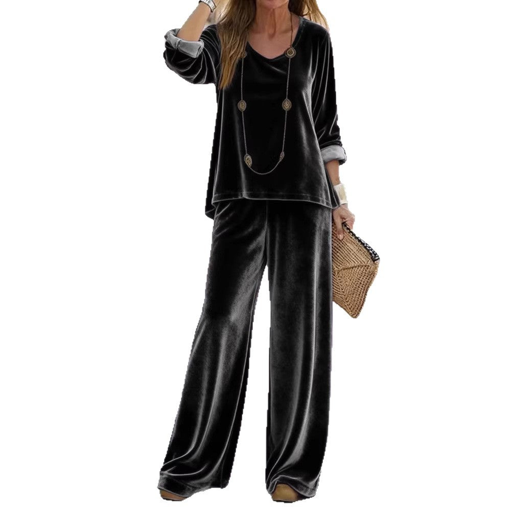 Damen Elegantes Samt-Zweiteiler Lounge-Set mit V-Ausschnitt und weitem Bein – Élanora