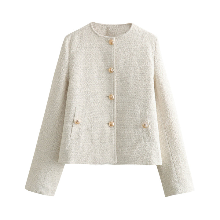Damen Kurzgeschnittene Bouclé‑Tweedjacke mit Rundhalsausschnitt, Zierknöpfen und Pattentaschen Echo Archiv