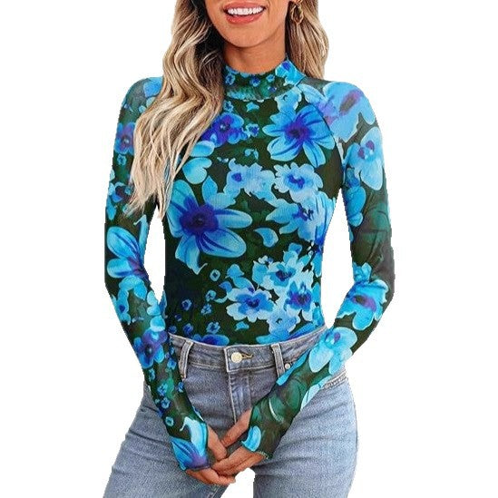 Damen Transparentes Mesh-Longsleeve mit Blumenprint und Stehkragen – Avérine