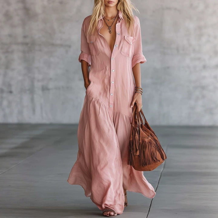 Damen Langes fließendes Hemdblusen-Maxikleid mit Knopfleiste, aufgesetzten Brusttaschen und seitlichen Eingrifftaschen Echoarchiv