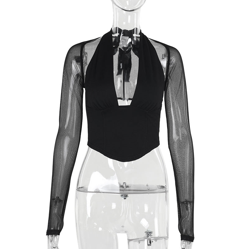 Damen Hochgeschlossenes Crop-Top mit transparenten Ärmeln Echo Archiv