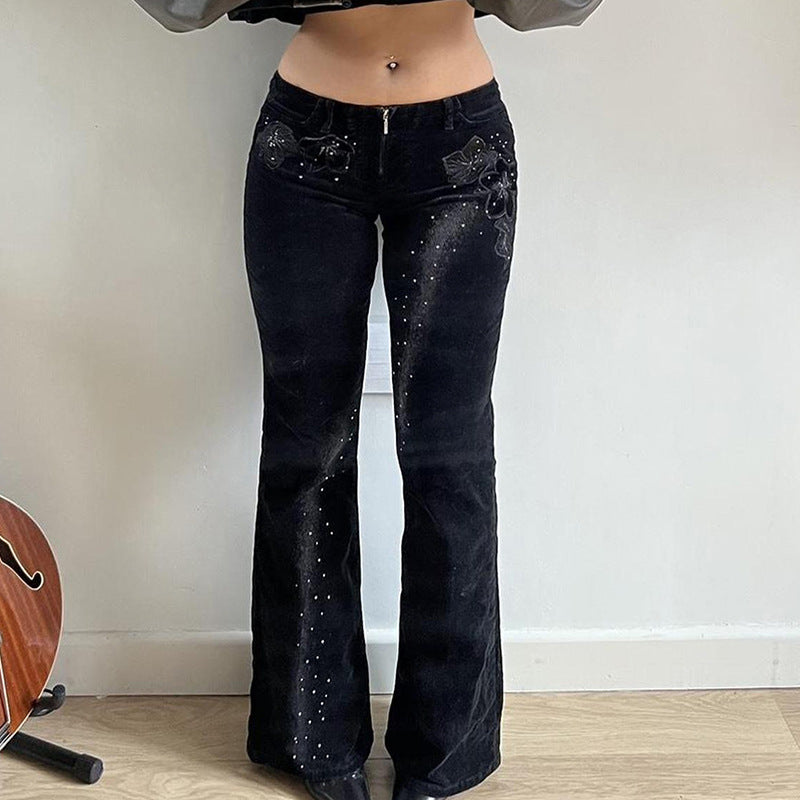 Damen nan ausgestellte Cordhose mit Glitzerstreifen und Blumenstickerei, hoher Bund Echo Archiv