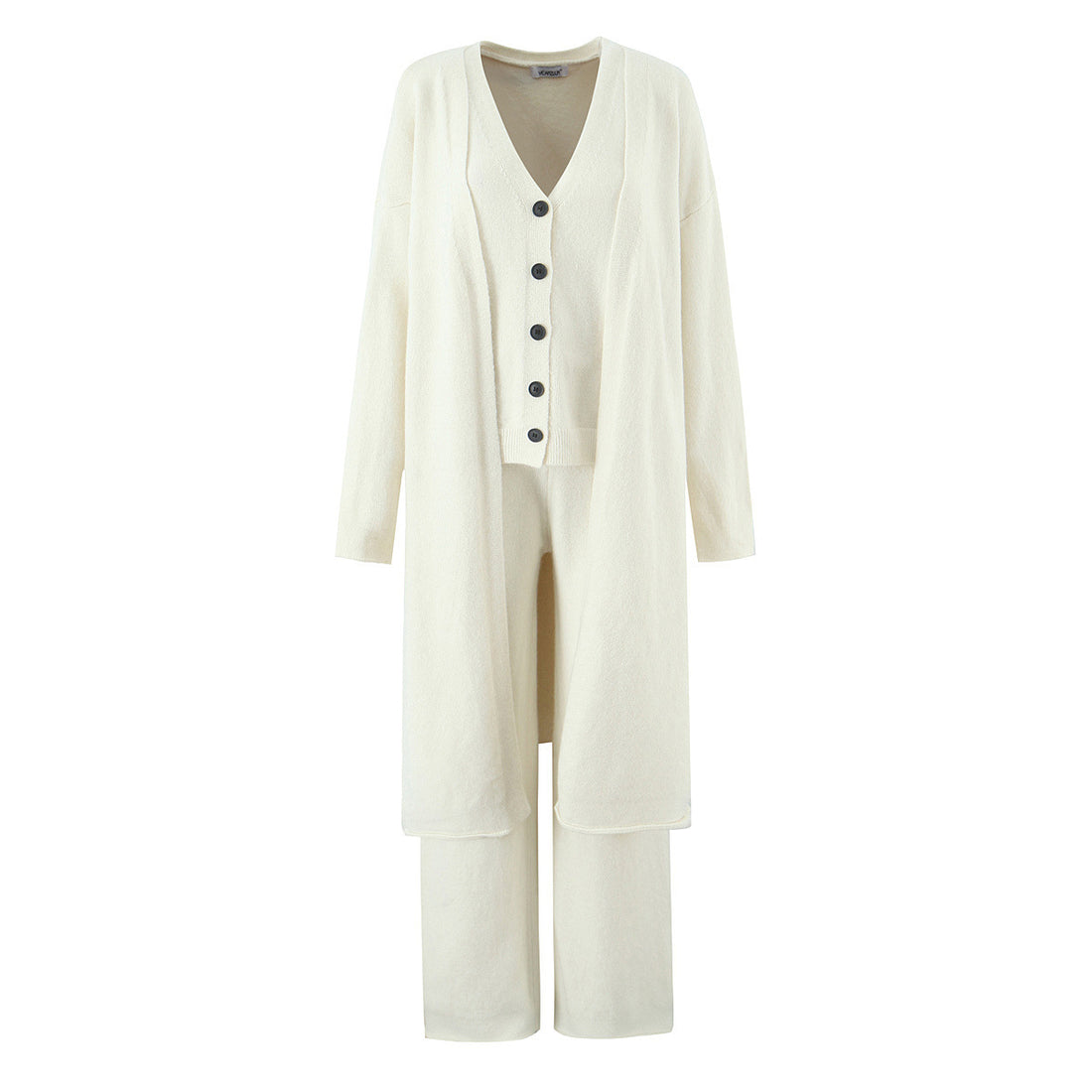 Damen Oversize Strick-Set mit Longcardigan, Knopf-Weste und weiten Hosen Echoarchiv