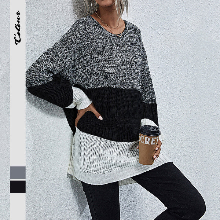 Damen Longline-Grobstrickpullover mit Farbbalken, Rundhalsausschnitt und leicht überschnittener Schulter Echoarchiv