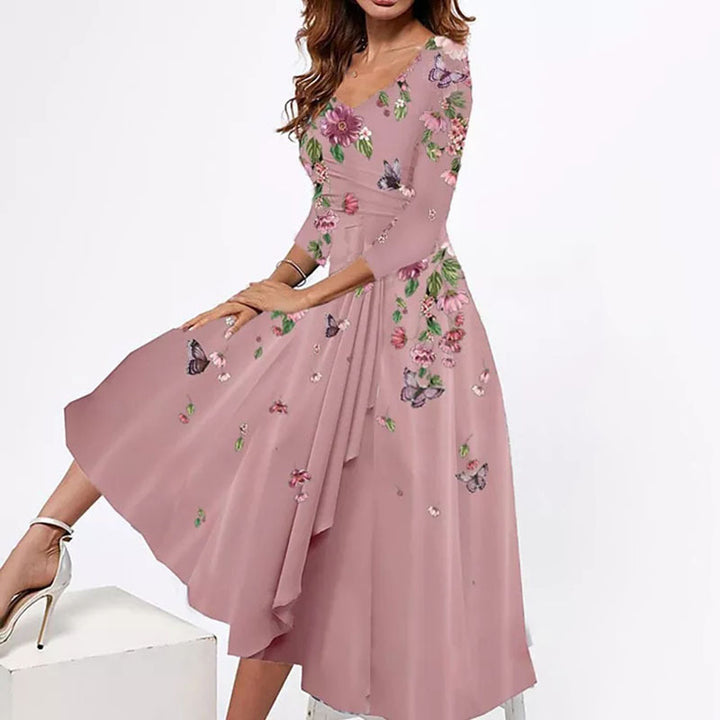 Damen Wickel-Midi-Kleid mit Blumenmuster, asymmetrischem Stufenschnitt und tailliertem Bindegürtel – Élara