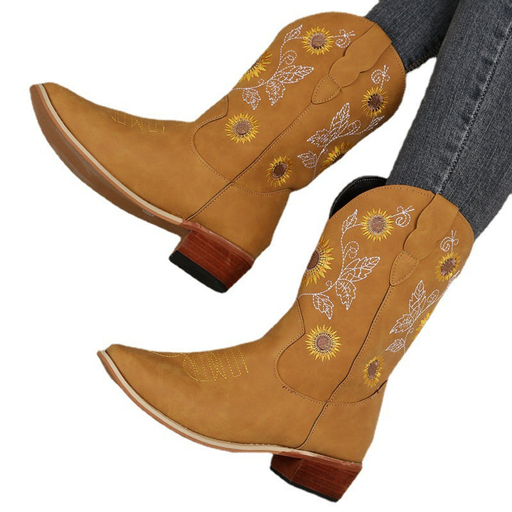Damen Bestickte Western‑Stiefel mit Sonnenblumenmotiv und mittlerem Blockabsatz Echo Archiv