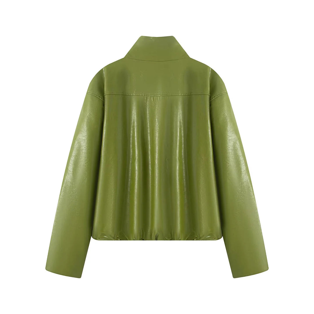 Damen tailliertes Kunstleder-Zweiteiler-Set Jacke mit hohem Stehkragen und Bleistiftrock – Élanora