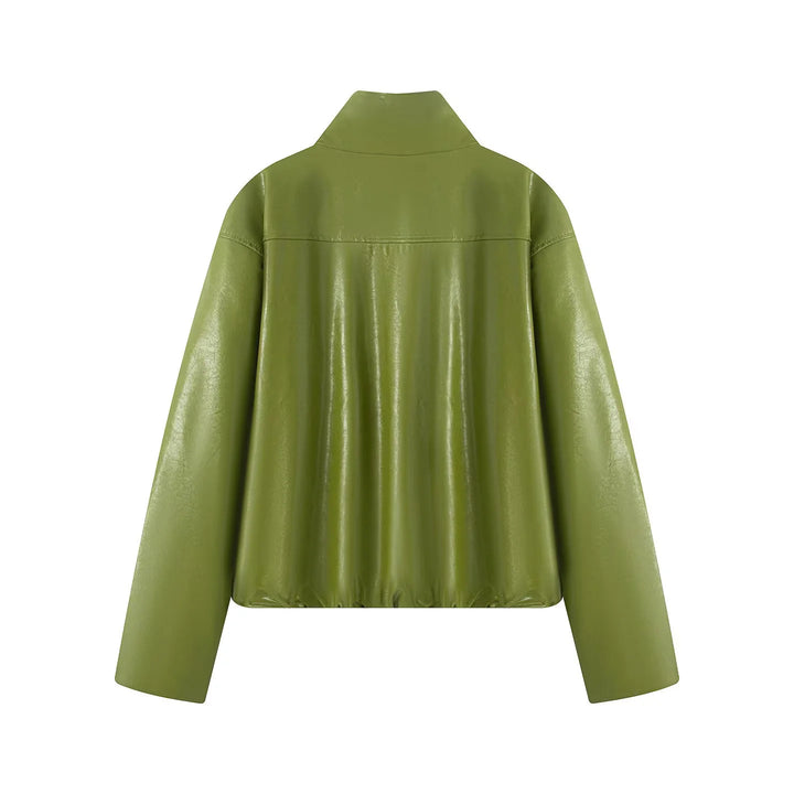 Damen tailliertes Kunstleder-Zweiteiler-Set Jacke mit hohem Stehkragen und Bleistiftrock – Élanora
