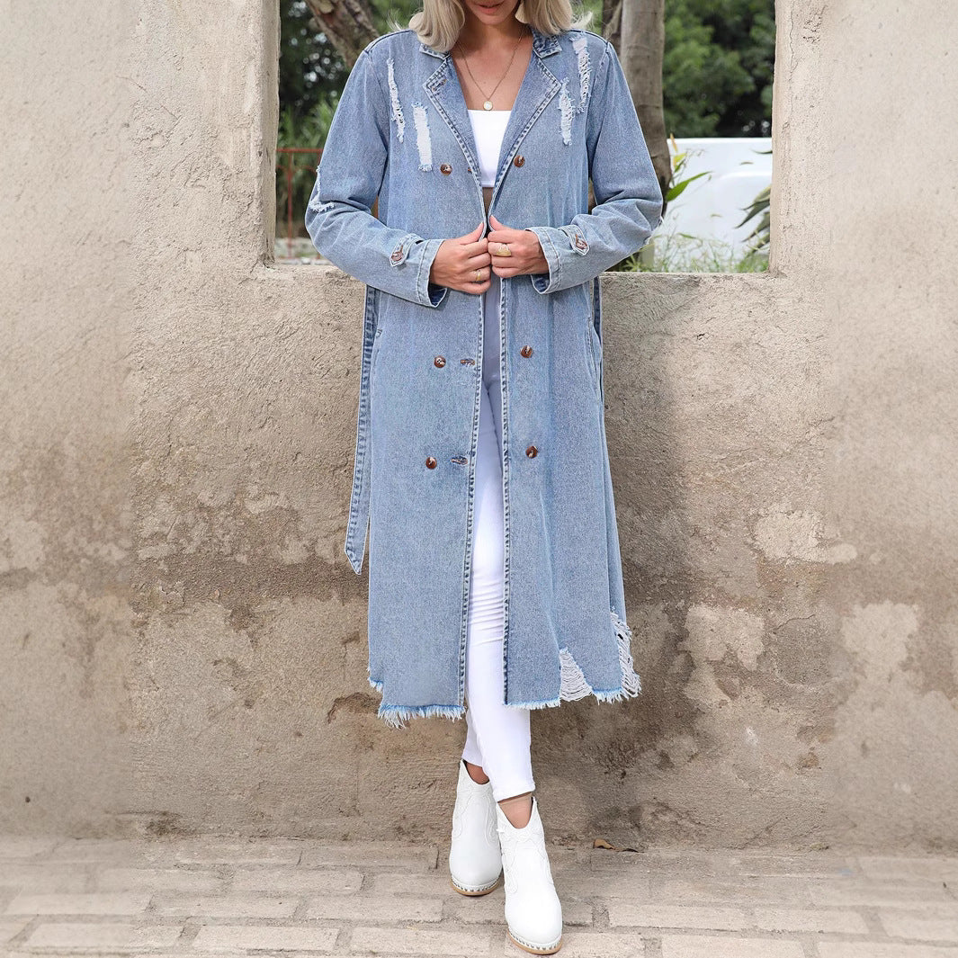 Damen Langer Denim-Trenchcoat mit Distressed-Saum und Doppelreihiger Knopfleiste Echo Archiv