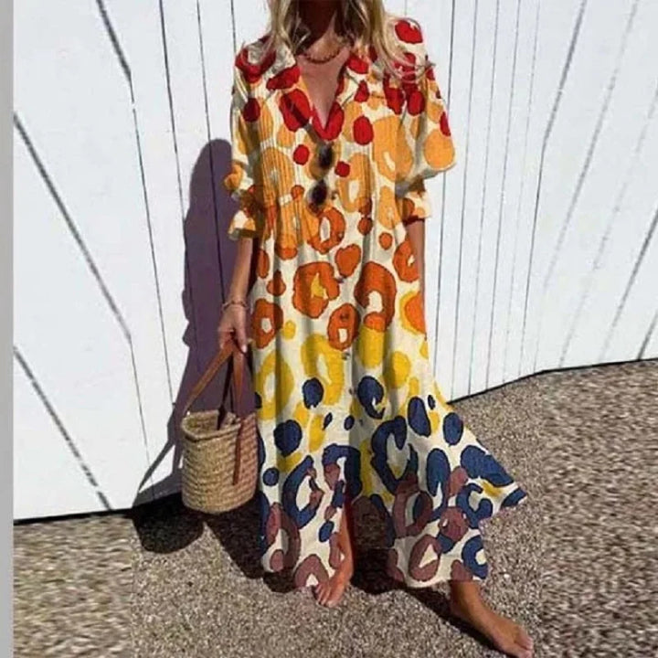 Frauen Fließendes Maxikleid mit Durchgehendem Knopfverschluss V-Ausschnitt und Volksdruck Echoarchiv
