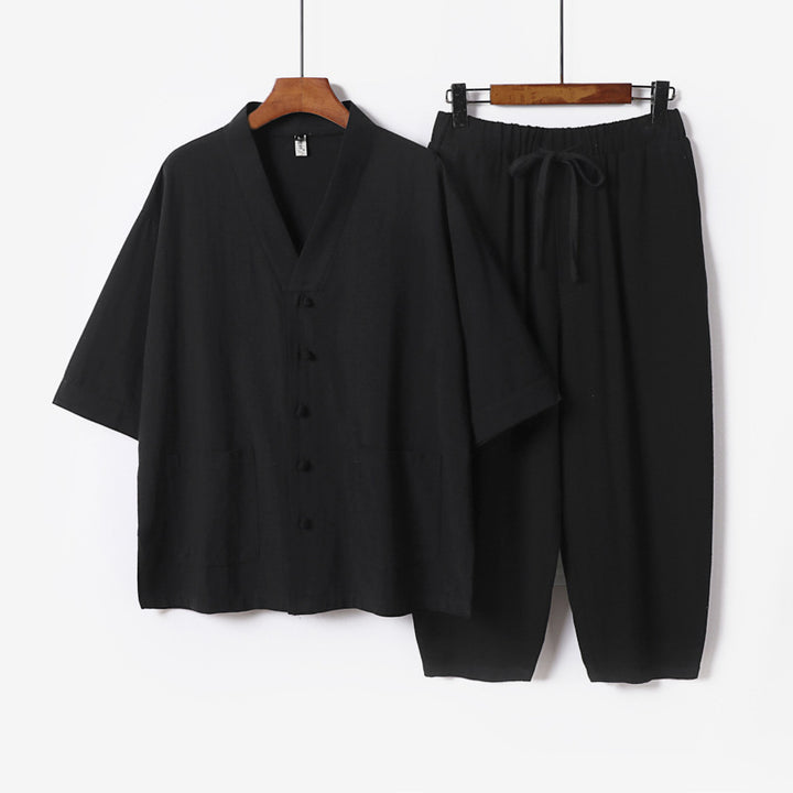 Unisex Leichtes Kimono-Lounge-Set aus Baumwoll-Leinen mit Kurzarmjacke und Kordelbund-Hose Echoarchiv