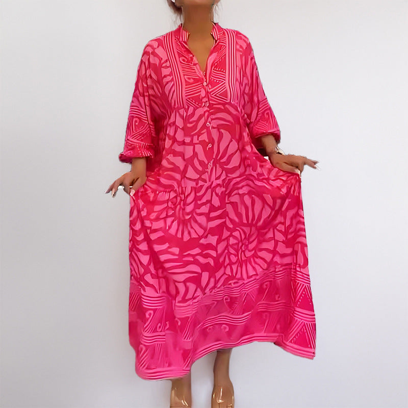 Damen Maxikleid mit Modernem Grafischem Design und Elegantem V-Ausschnitt Echoarchiv