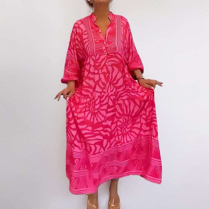 Damen Maxikleid mit Modernem Grafischem Design und Elegantem V-Ausschnitt Echoarchiv
