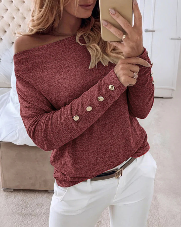 Damen Offshoulder Feinstrickpullover mit Zierknopfleiste an den Ärmeln – Mavelle