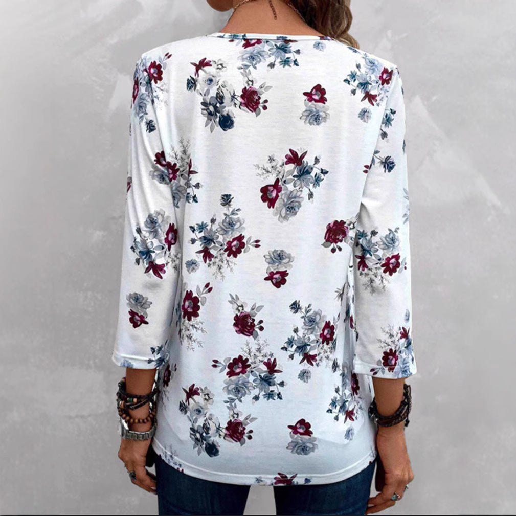 Damen nan florale Tunika-Bluse mit Kellerfalten und Zierknopfleiste Echo Archiv
