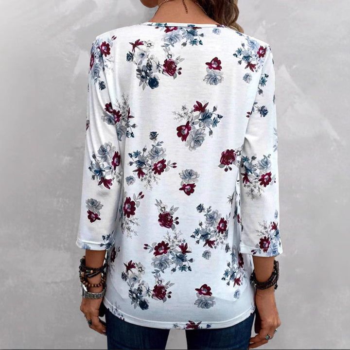 Damen nan florale Tunika-Bluse mit Kellerfalten und Zierknopfleiste Echo Archiv