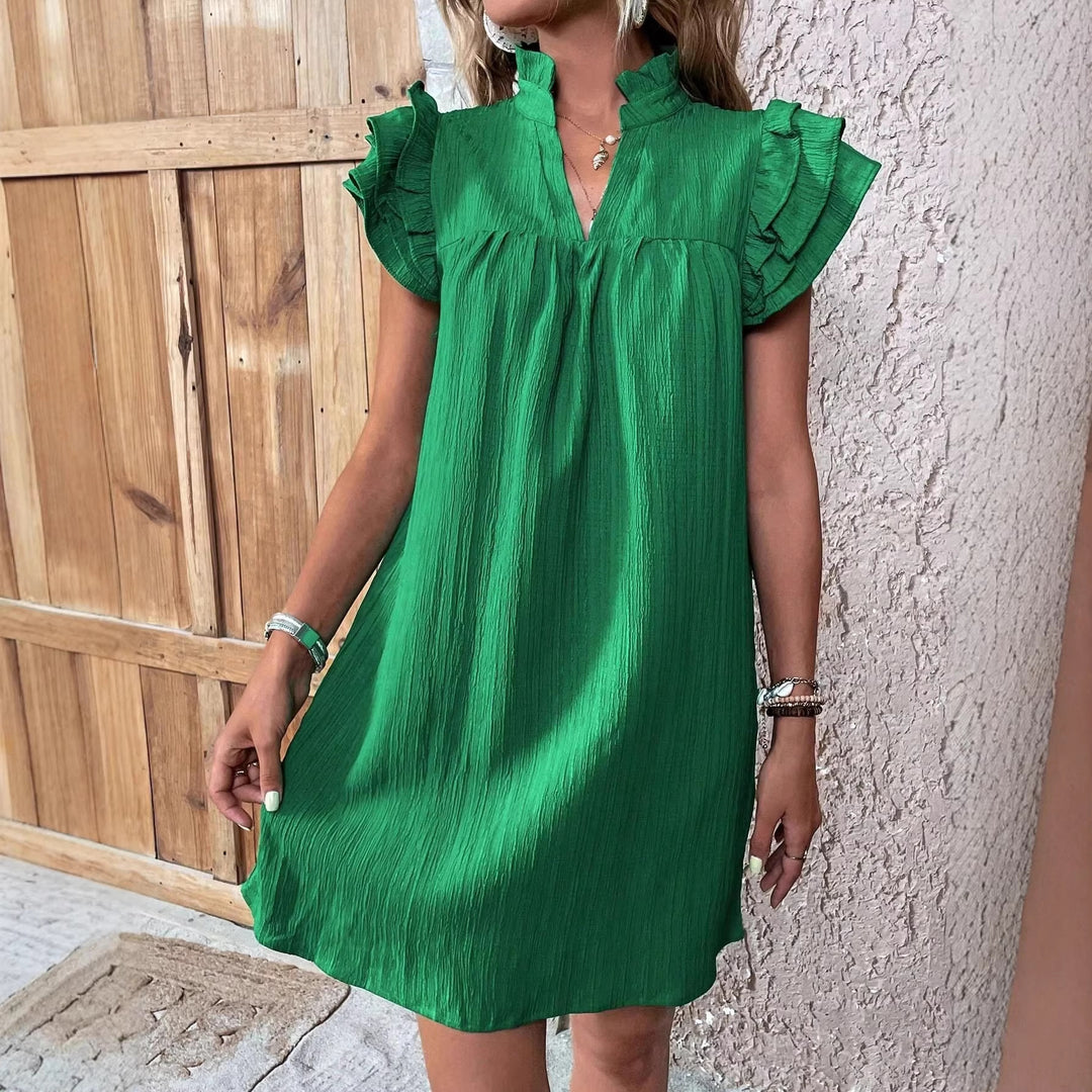 Damen Crinkle-Minikleid mit Stehkragen, V-Ausschnitt und Volantärmeln – Élara