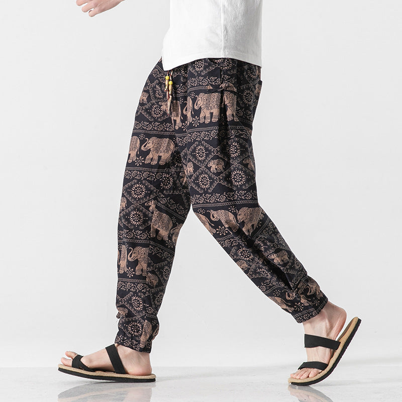 Unisex nan lässige Boho-Haremshose mit Elefantenmuster, elastischem Bund und Bündchen Echo Archiv
