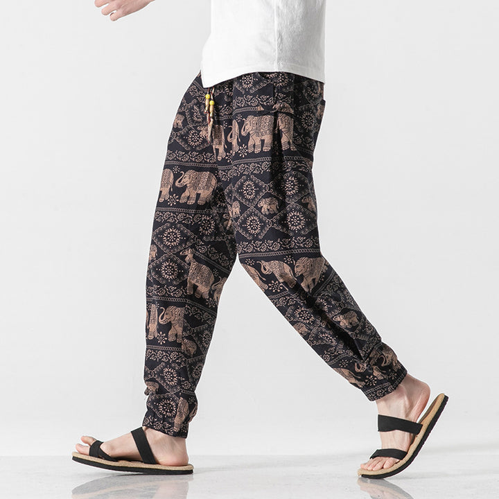 Unisex nan lässige Boho-Haremshose mit Elefantenmuster, elastischem Bund und Bündchen Echo Archiv
