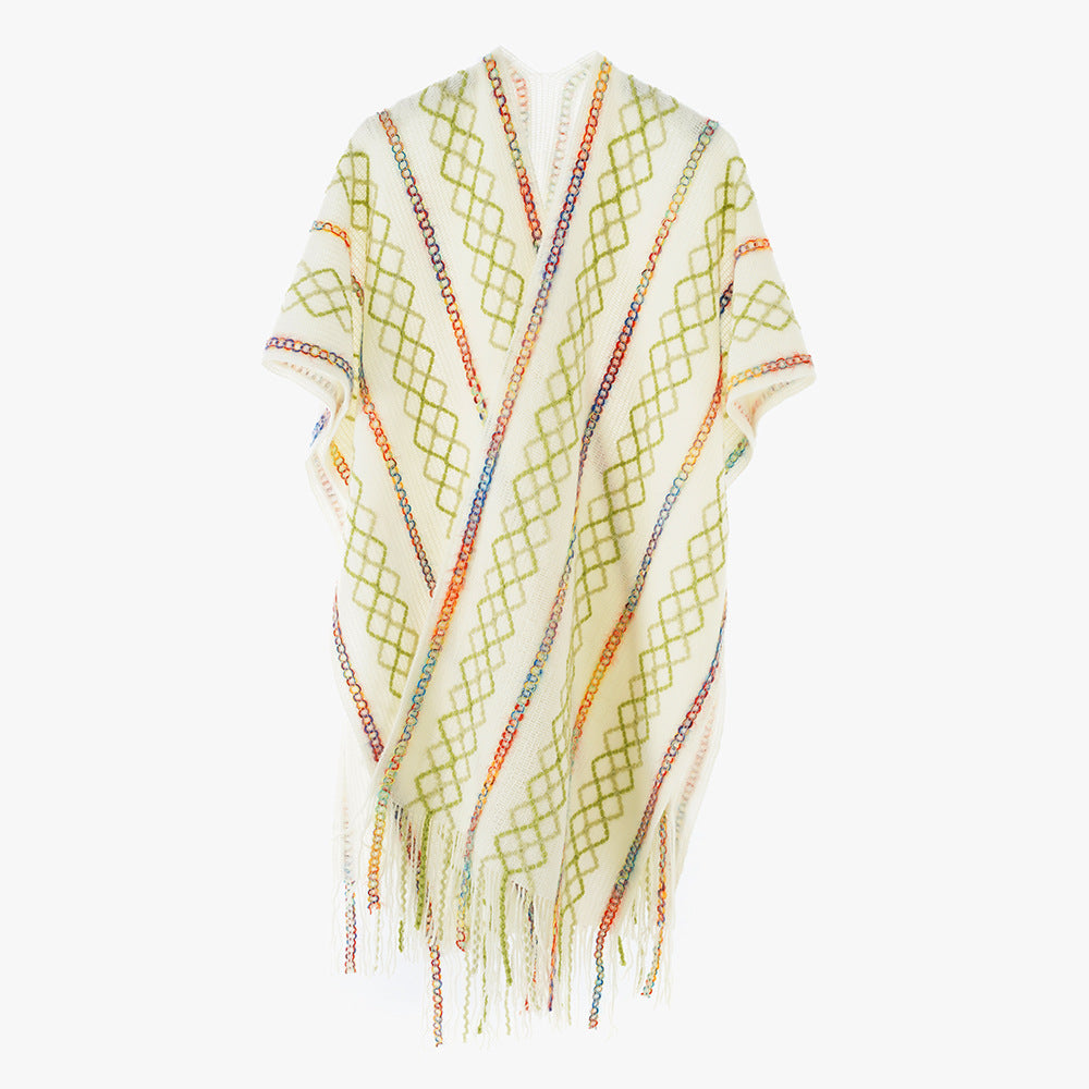 Damen Gewebter Fransenponcho mit V‑Ausschnitt und buntem Reliefjacquard – Avérine