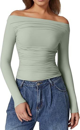 Damen Schulterfreies tailliertes Stretch-Longsleeve mit Raffung und figurbetonter Silhouette – Avérine