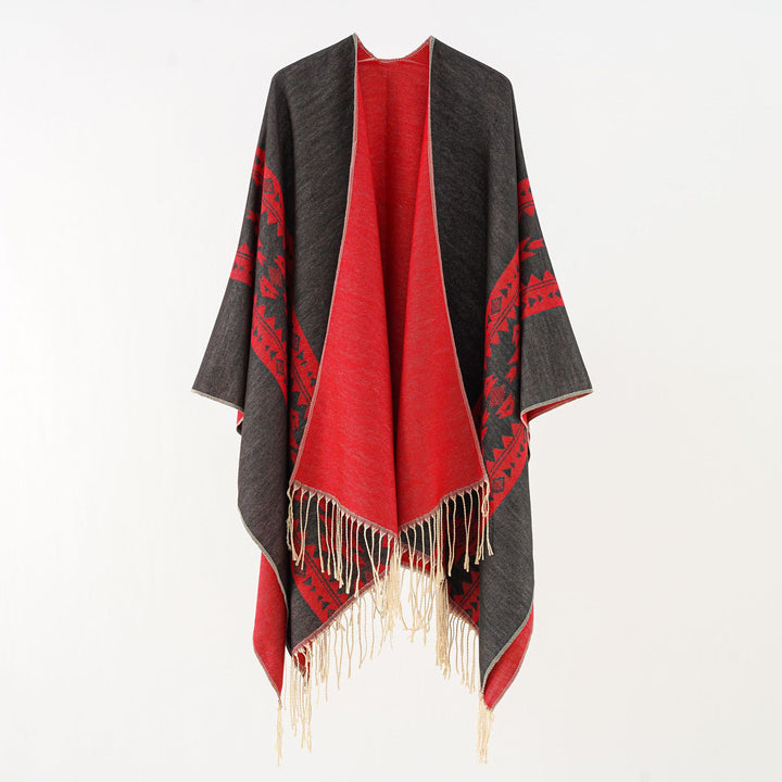 Damen Oversize-Poncho mit Fransen und Jacquardmuster – Avérine