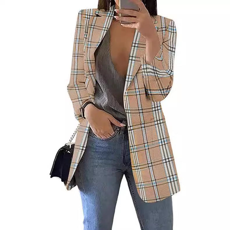Damen nan taillierter Karoblazer Longline mit strukturierter Schulterpartie und offener Front Echo Archiv