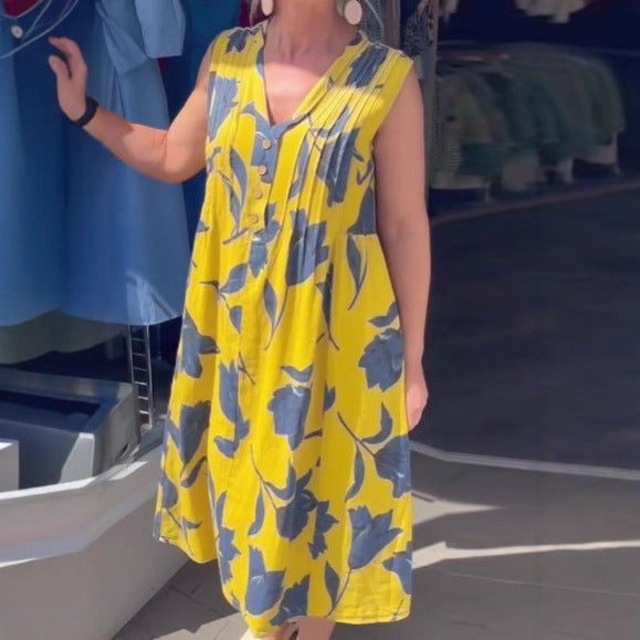 Damen nan ärmelloses A-Linien-Midikleid mit V-Ausschnitt, Brustfalten, Knopfleiste und großem Blumenprint Echo Archiv