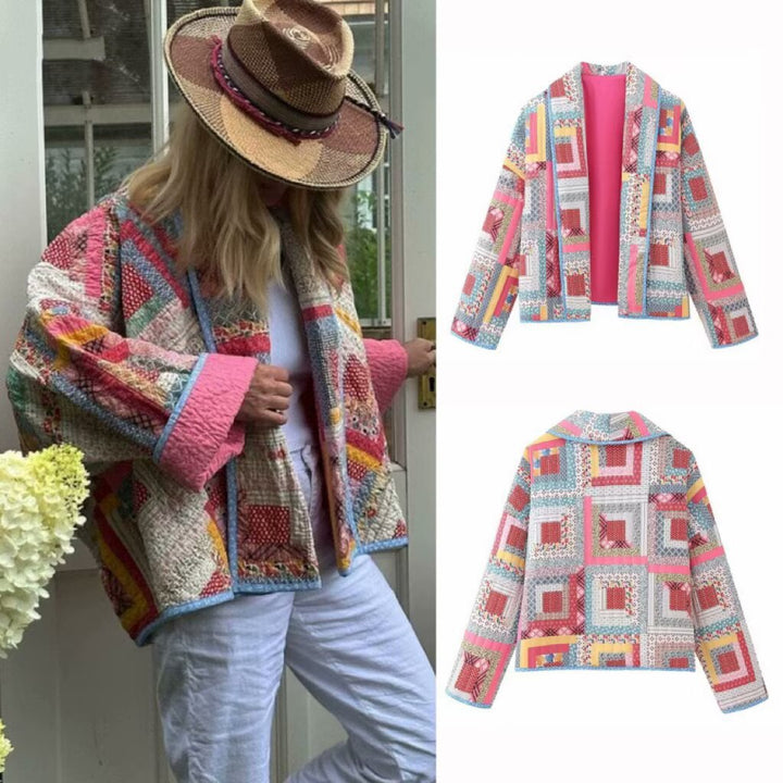 Damen nan gesteppte Patchwork-Kimonojacke mit glänzendem Satinfutter und weitem Schalkragen Echo Archiv