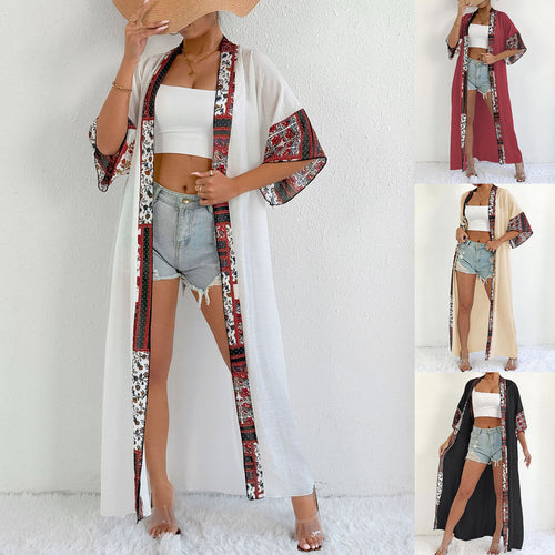 Damen eleganter, leichter Kaftan mit buntem Häkelbesatz Echo Archiv