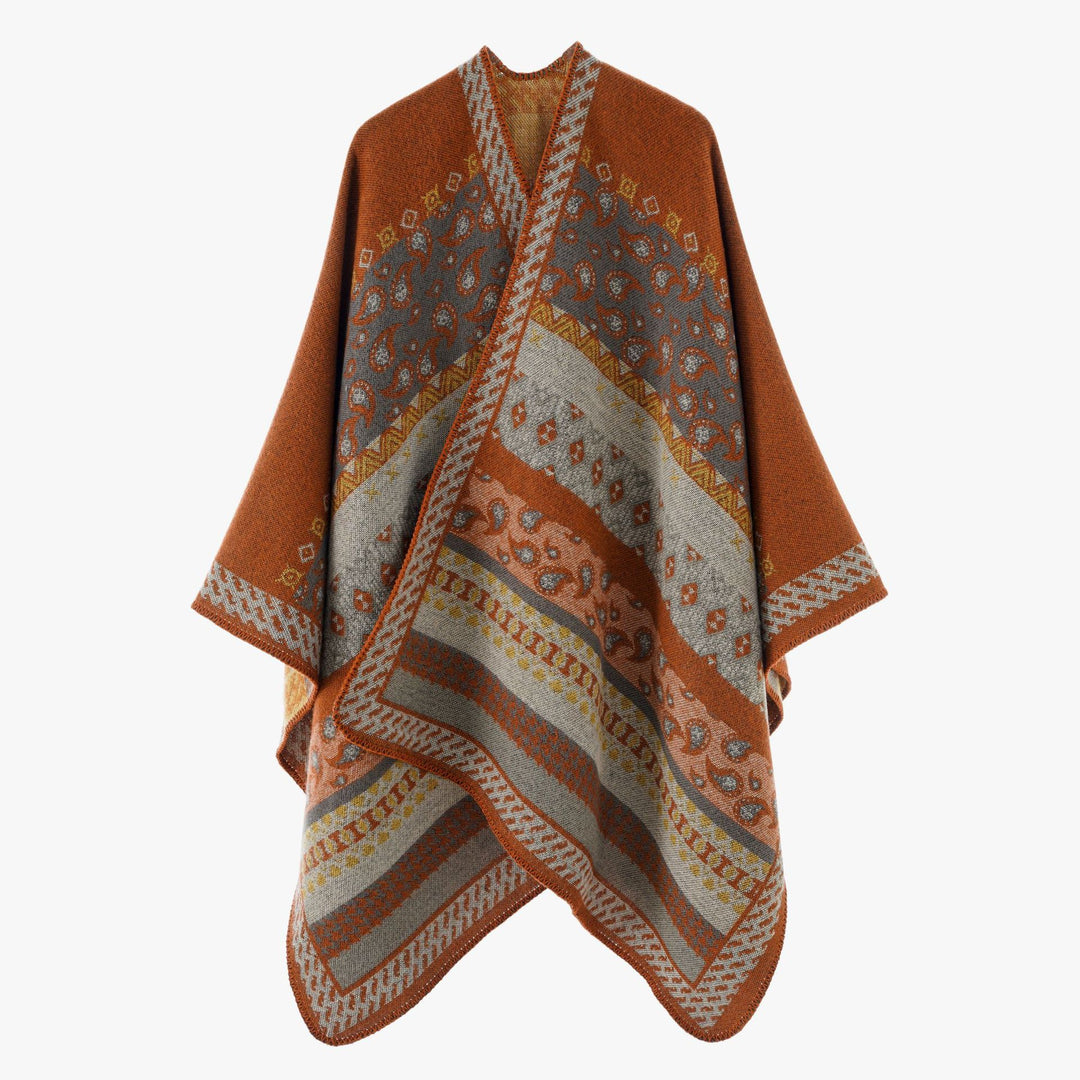 Damen Strickcape im Paisley‑Jacquard mit asymmetrischem Saum – Avérine