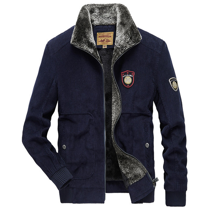 Herren Cord‑Strickjacke mit wärmender Teddyfleece‑Innenlage und Badge‑Details – Taviero