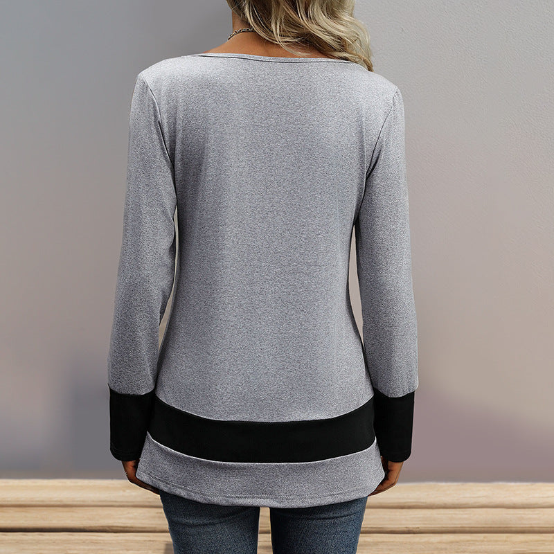 Damen Longsleeve mit tiefem V-Ausschnitt, Zierknopfleiste und Kontrastbordüren Echoarchiv