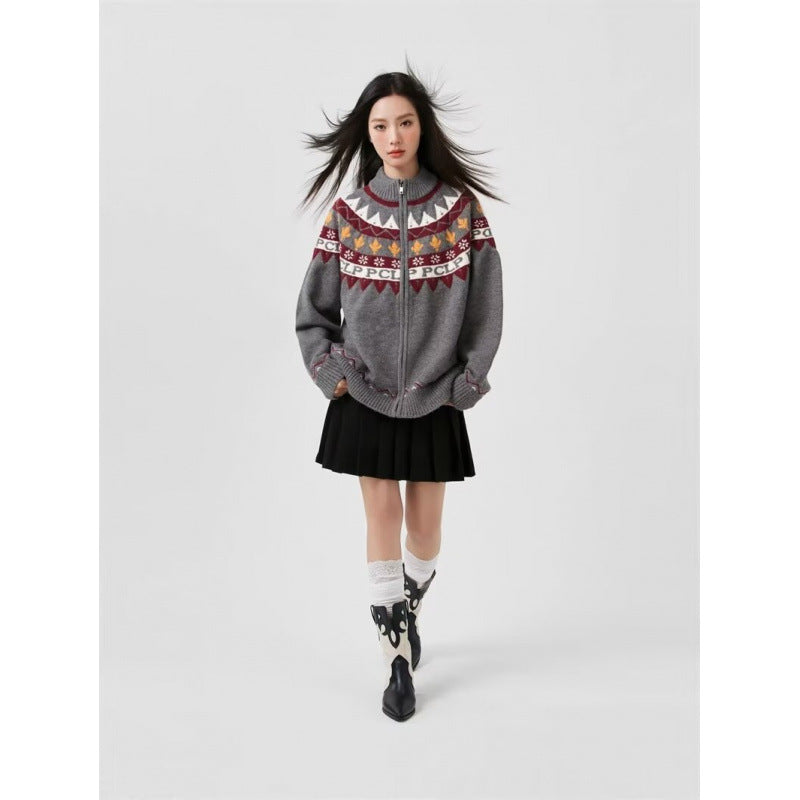 Damen Lässige Strick-Zipjacke mit Jacquard-Yoke und Rippbündchen Echoarchiv