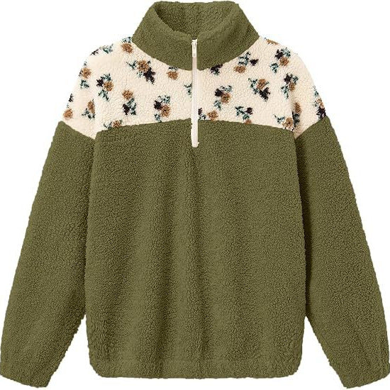 Damen Teddy-Fleece-Pullover mit Stehkragen, floralem Besatz und halbem Reißverschluss Echoarchiv
