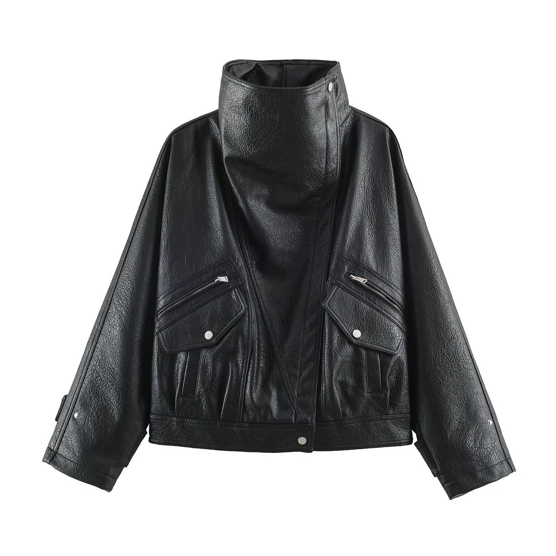 Damen Oversized Kunstleder-Capejacke mit hohem Stehkragen und Pattentaschen Echoarchiv