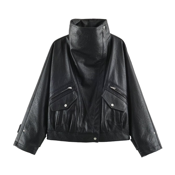 Damen Oversized Kunstleder-Capejacke mit hohem Stehkragen und Pattentaschen Echoarchiv