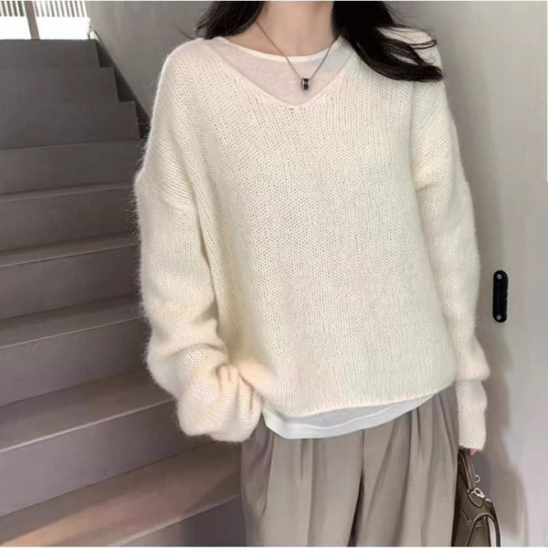 Damen Oversize V‑Ausschnitt Mohair‑Look Pullover mit Angora‑Optik und überschnittener Schulter Echoarchiv